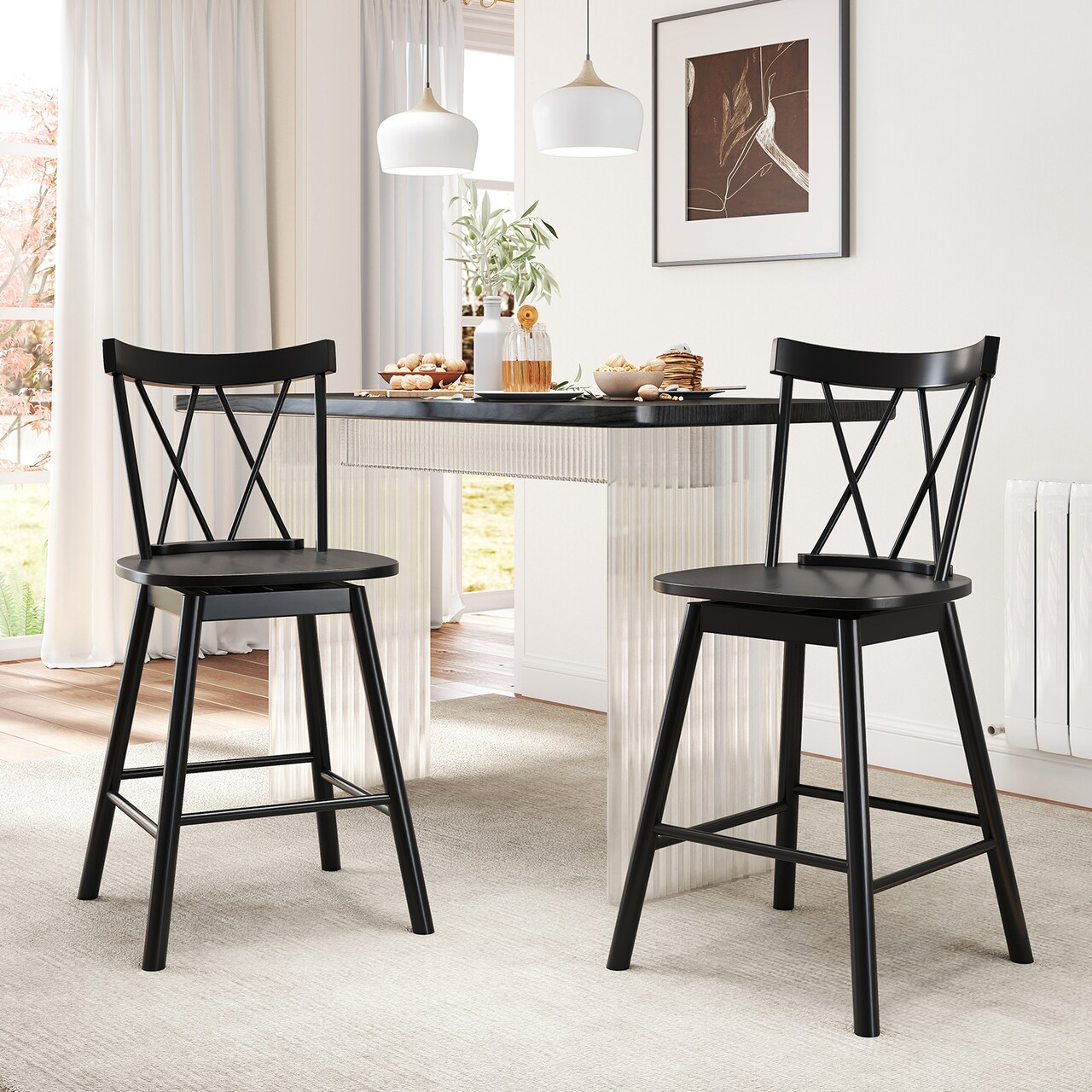 Set of 2 Windsor Bar Stools with Rubber Wood Frame and Footrests for Support